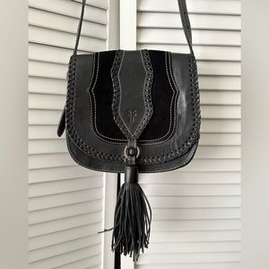 Frye Bag Crossbody Whipstitch  and Tassel Saddle Buckle Leather Purse Black NWT